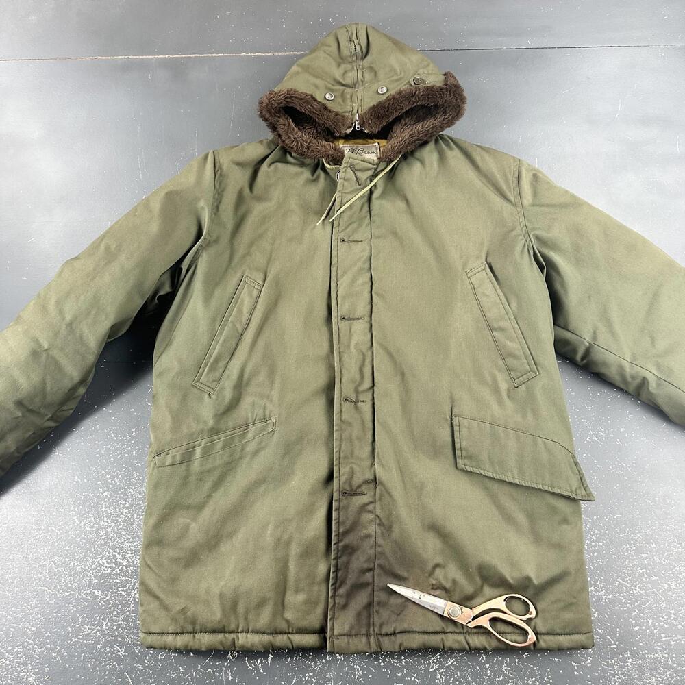 VTG LL Bean Field Jacket Men 44 Army Green Parka 50's 60's Quilt Lined Talon